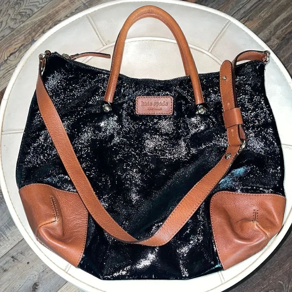 Kate Spade NY Black Patent Brown Leather Combo Court Tote Zip Shoulder Bag